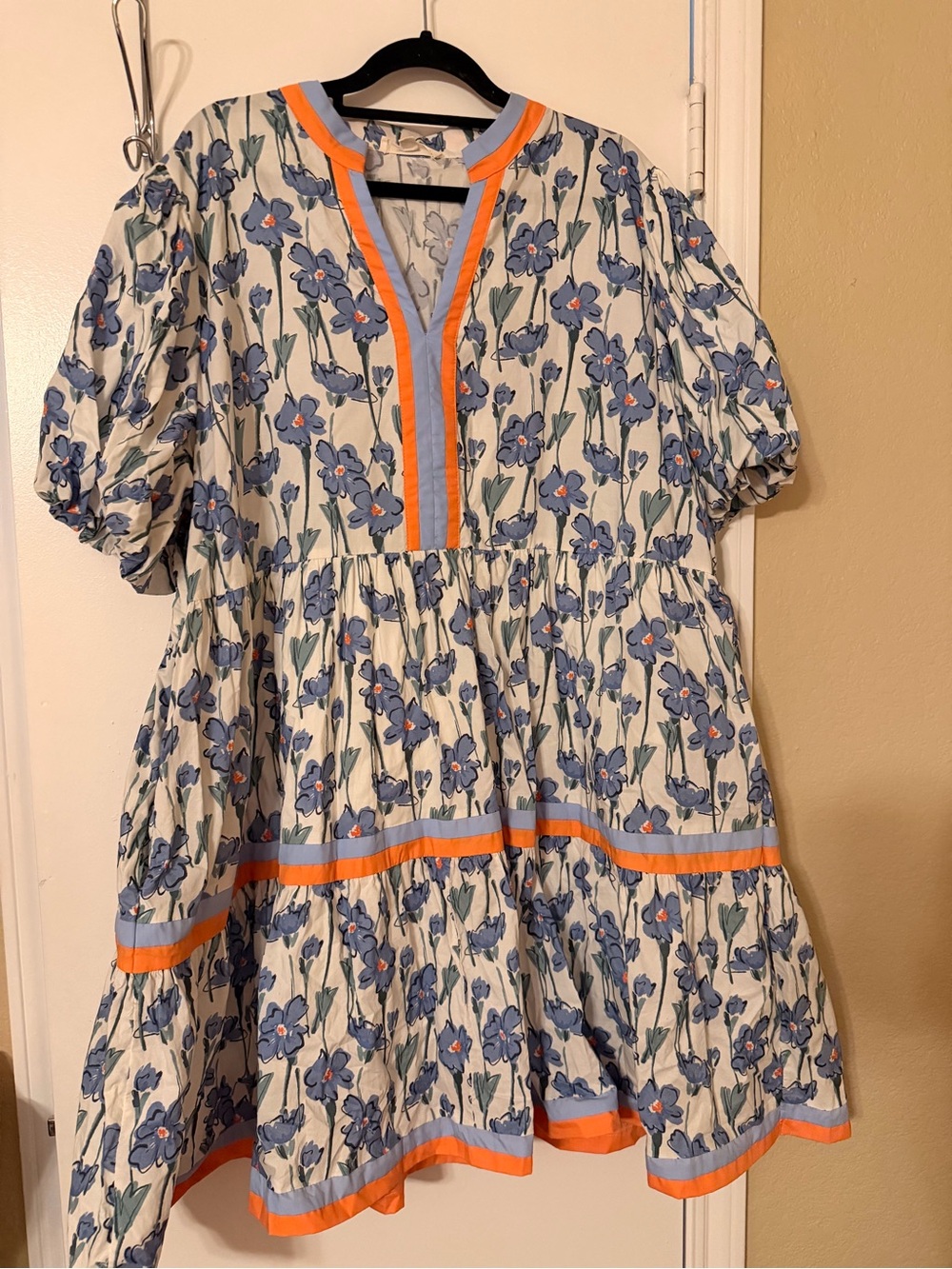 entro Blue Floral Tiered Dress with Orange Trim
